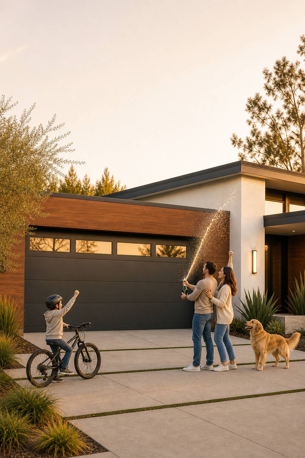 Family celebrating their new garage door
